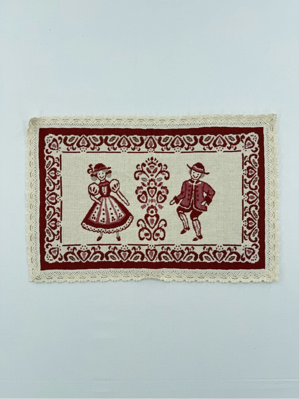 Vintage European Folk Art Table Mat Red Cream Lace Trim Alpine Couple